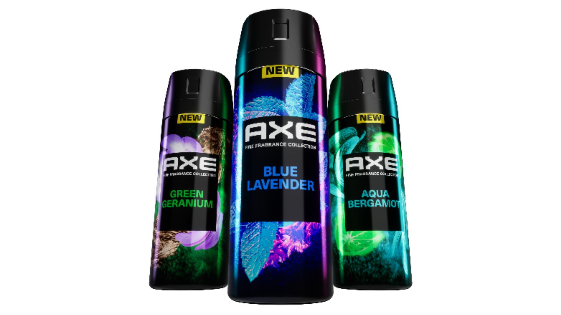 Three cans of Axe Fine Fragrance body spray. Axe, also known as Lynx, is now PETA approved.