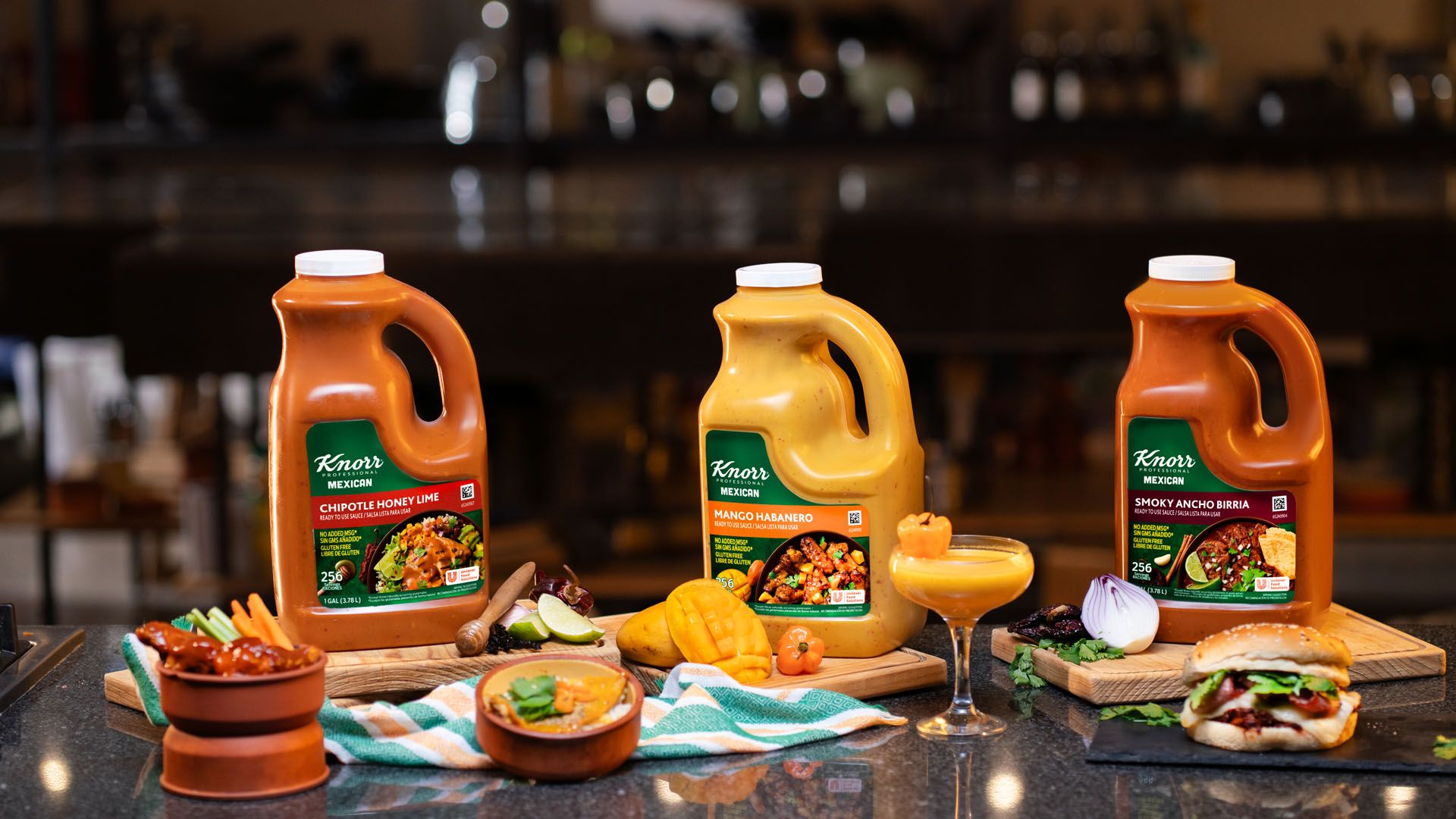 Line-up of Knorr’s Professional Ready-to-Use Mexican sauces range: Chipotle Honey Lime, Mango Habanero and Smoky Ancho Birria