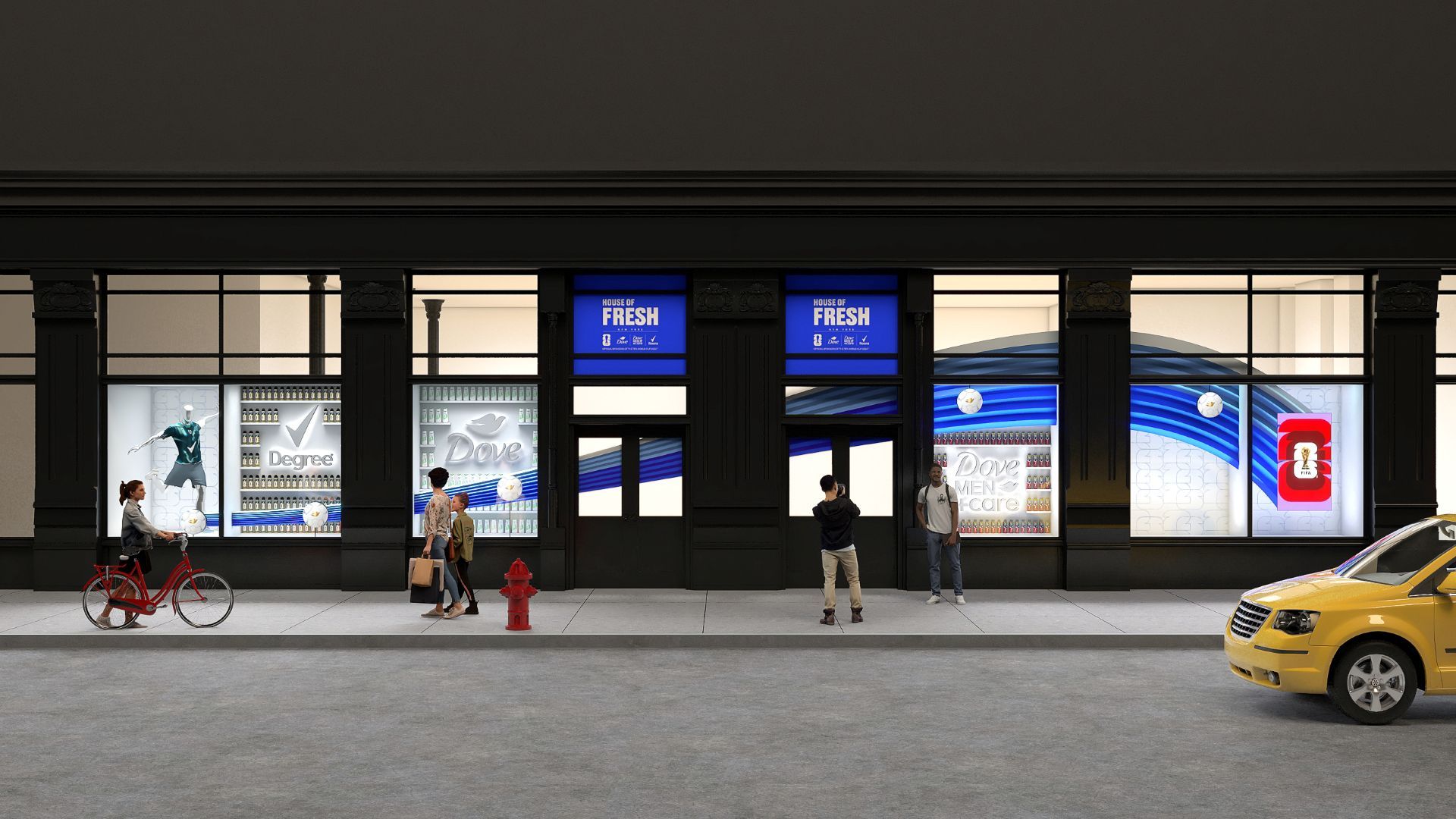 Exterior of a branded “House of Fresh” activation space at street level. Large windows showcase product displays and signage for Dove, Dove Men+Care and Degree beneath blue “House of Fresh” signs above two central doors. Several people pass along the pavement, one riding a red bicycle, another photographing the window. A yellow taxi is parked at the right edge of the scene. Lighting highlights the displays against a darker building façade.
