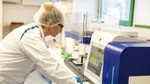A factory worker in white coat and hairnet takes a close look at a computer.