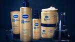 Products from Vaseline’s Radiant X collection, including Nourishing Body Lotion and Hydrating Body Oil. Packaging is golden on a dark blue background.