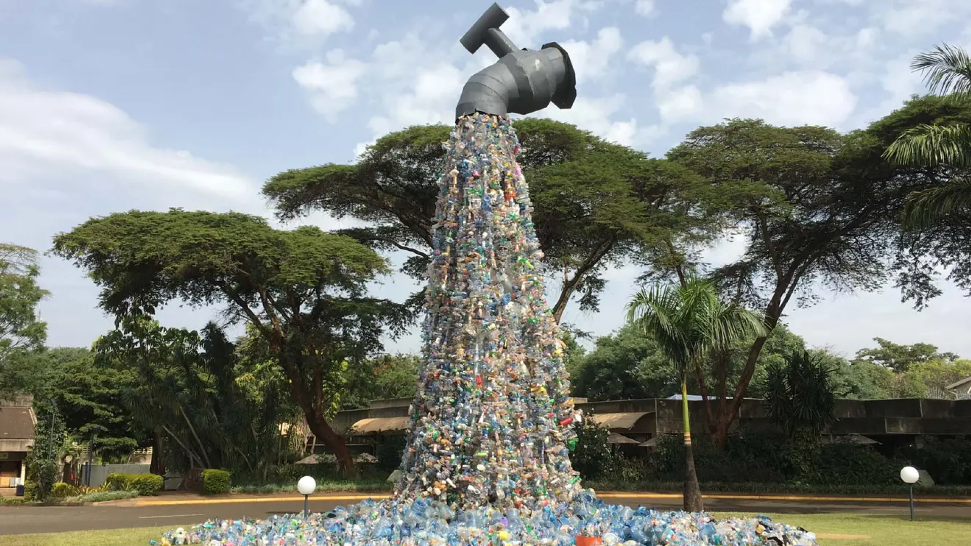 Sculpture titled ‘Turn off the plastic tap’ by artist Benjamin von Wong, made with plastic waste from Nairobi’s Kibera slum.