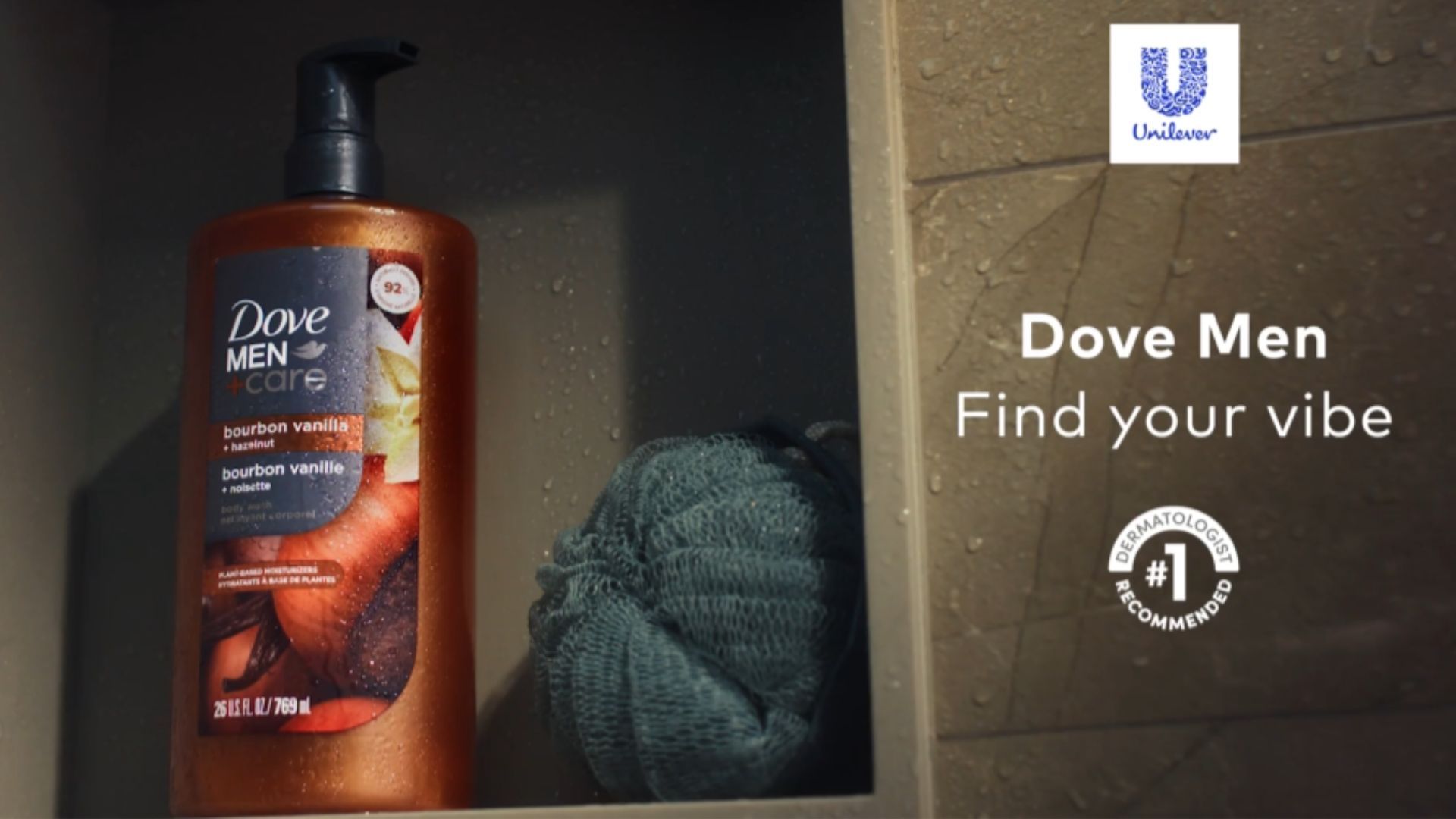Dove Men+Care bourbon vanilla body wash and shower loofah beside the words “Find your vibe.”
