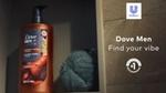 Dove Men+Care bourbon vanilla body wash and shower loofah beside the words “Find your vibe.”